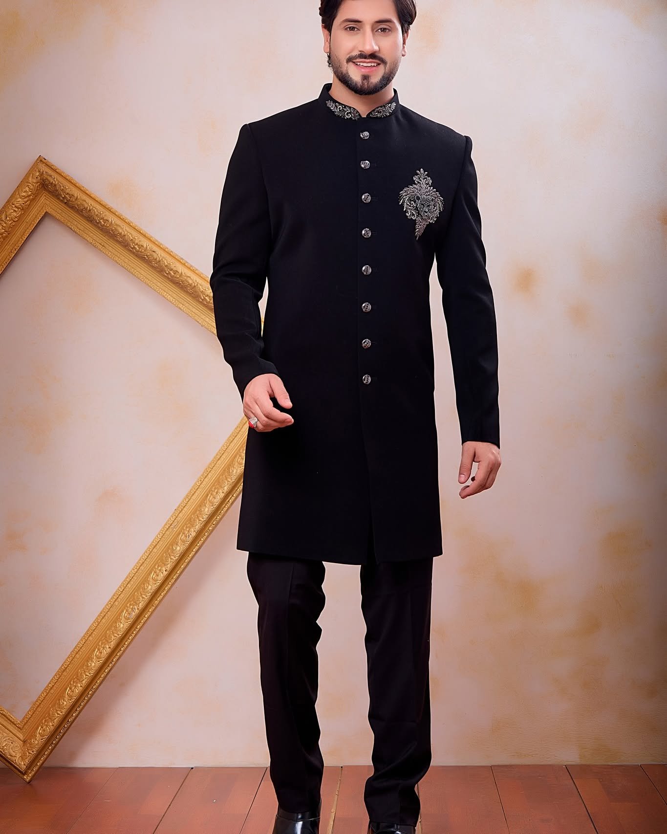 Make a bold style statement with this Designer Black Indo Western for Men D.No. 4586
